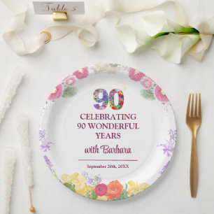 Assiettes En Carton Fête d'anniversaire 90 ans Florale - Élégant Paste