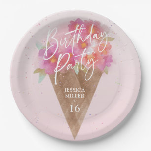 Assiettes En Carton Fête d'anniversaire à la crème glacée florale
