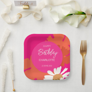 Assiettes En Carton Fête d'anniversaire à la marguerite rose et orange