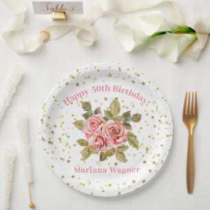 Assiettes En Carton Fête d'anniversaire à paillettes dorées et fleurs