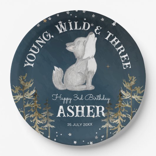 Assiettes En Carton Fête d'anniversaire à thème de petit loup monogram (Devant)