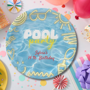 Assiettes En Carton Fête d'anniversaire ambiance néon estivale piscine