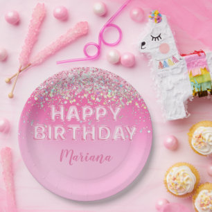 Assiettes En Carton Fête d'anniversaire avec ballon rose ombré