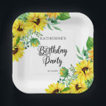Assiettes En Carton Fête d'anniversaire Boho Sunflowers | Eucalyptus<br><div class="desc">Fleurs ensoleillées,  eucalyptus et autres décors verdoyants,  modernes et élégants,  "fête d'anniversaire" sur un arrière - plan blanc éditable.</div>