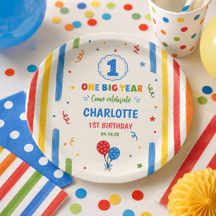 Assiettes En Carton Fête d'anniversaire Bold Rainbow One Big Year 1 an