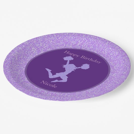 Assiettes En Carton Fête d'Anniversaire Cheerleader Étincelle violette (Angle)