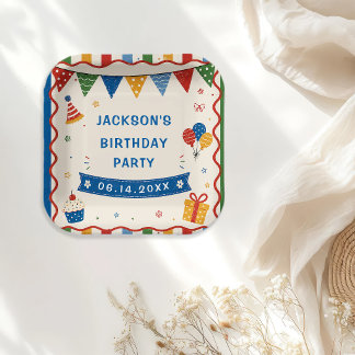 Assiettes En Carton Fête d'anniversaire colorée primaire