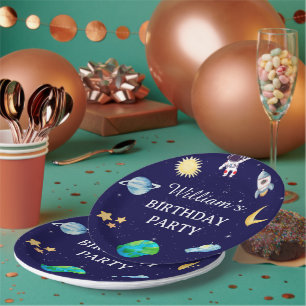 Assiettes En Carton Fête d'anniversaire dans l'espace à l'aquarelle