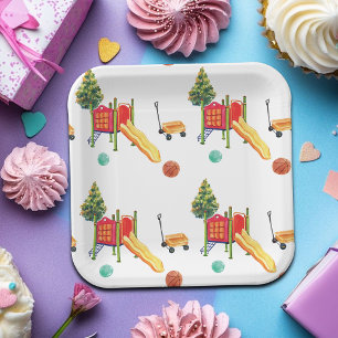 Assiettes En Carton Fête d'anniversaire dans une aire de jeux colorée