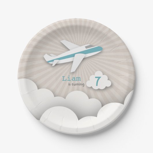 Assiettes En Carton Fête d'anniversaire d'avion - bleu (Devant)