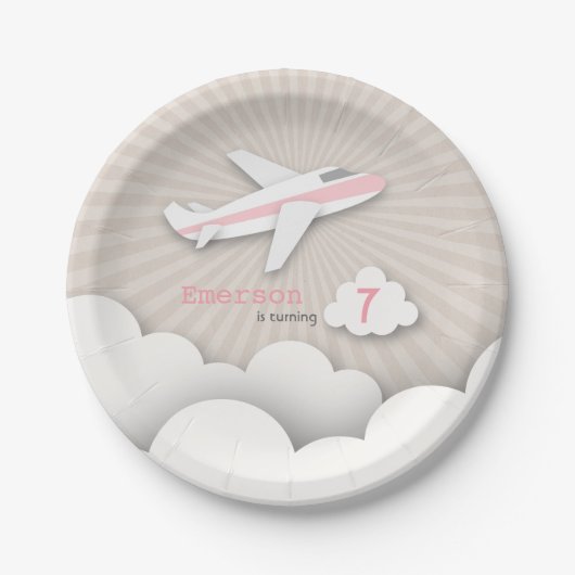 Assiettes En Carton Fête d'anniversaire d'avion - rose (Devant)