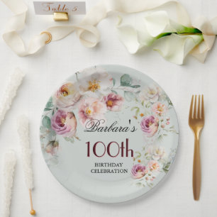 Assiettes En Carton *Fête d'anniversaire de 100 ans aux aquarelles flo