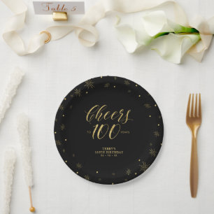 Assiettes En Carton Fête d'anniversaire de 100 ans Gold & Black Sparkl