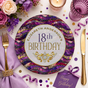 Assiettes En Carton Fête d'anniversaire de 18 ans Purple et Gold Strat