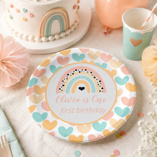 Assiettes En Carton Fête d'anniversaire de 1 an Arc-en-ciel & Cœurs