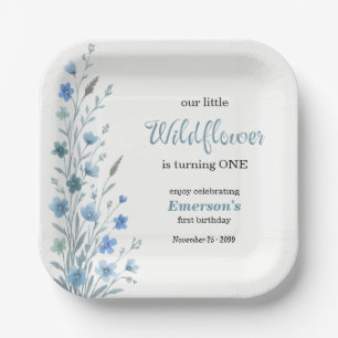 Assiettes En Carton Fête d'anniversaire de 1 an Elegant Blue Wildflowe
