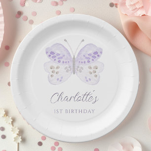Assiettes En Carton Fête d'anniversaire de 1 an Papillon Lavande Aquar