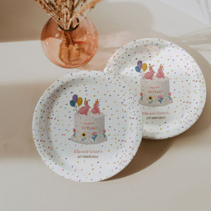 Assiettes En Carton Fête d'anniversaire de 1 an pour jumelles Lapin Pa