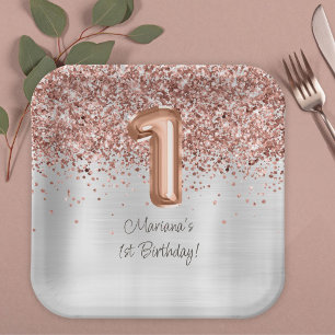Assiettes En Carton Fête d'anniversaire de 1ère année Rose Gold Argent