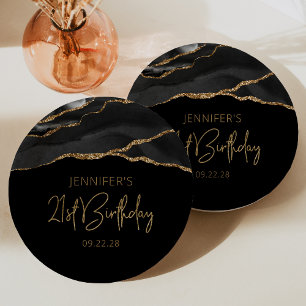 Assiettes En Carton Fête d'anniversaire de 21 ans Black Gold Agate Geo