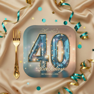 Assiettes En Carton Fête d'anniversaire de 40 ans en cristal de bleu s