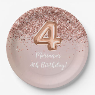 Assiettes En Carton Fête d'anniversaire de 4 ans pour enfants Rose Gol
