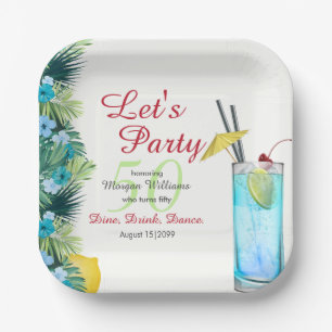 Assiettes En Carton Fête d'anniversaire de 50 ans au cocktail bleu d'é