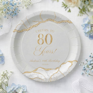Assiettes En Carton Fête d'anniversaire de 80 ans en agate élégante bl