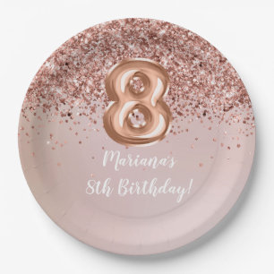 Assiettes En Carton Fête d'anniversaire de 8 ans pour enfants Rose Gol