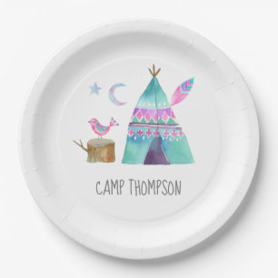 Assiettes En Carton Fête d'anniversaire de camping à l'aquarelle