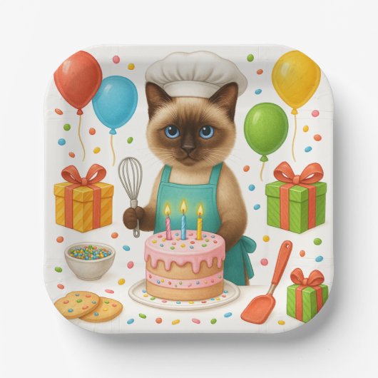 Assiettes En Carton Fête d'anniversaire de chat sur le thème du gâteau (Recto)