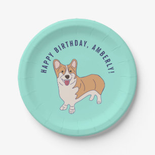 Assiettes En Carton Fête d'anniversaire de Corgi Dog Mint Green