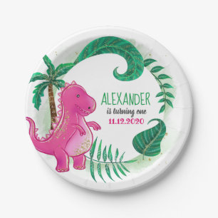Assiettes En Carton Fête d'anniversaire de dinosaure Trex rose Dino