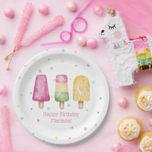 Assiettes En Carton Fête d'anniversaire de fille rose en été avec glac