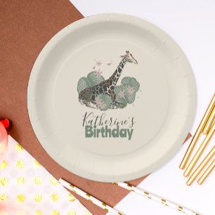 Assiettes En Carton Fête d'anniversaire de girafe avec verdure tropica