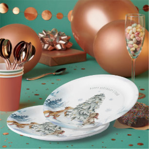Assiettes En Carton Fête d'anniversaire de Noël en forêt hivernale