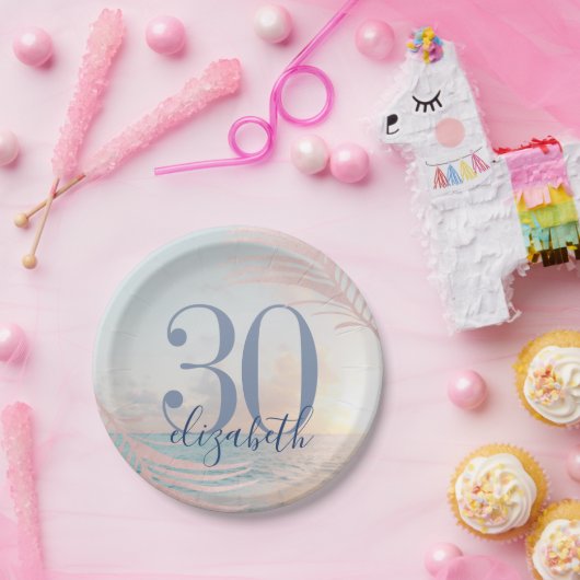 Assiettes En Carton Fête d'anniversaire de plage Nom d'âge personnalis (Fête)