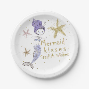 Assiettes En Carton Fête d'anniversaire de sirène avec paillettes viol