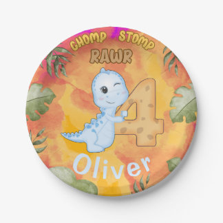 Assiettes En Carton Fête d'anniversaire des 4 ans Dinosaur Stomp Chomp