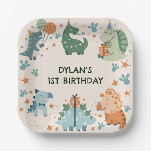 Assiettes En Carton Fête d'anniversaire des dinosaures pour enfants (Recto)