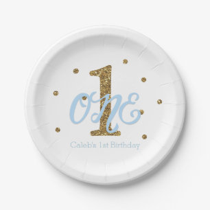 Assiettes En Carton Fête d'anniversaire des garçons Blue & Gold UN an