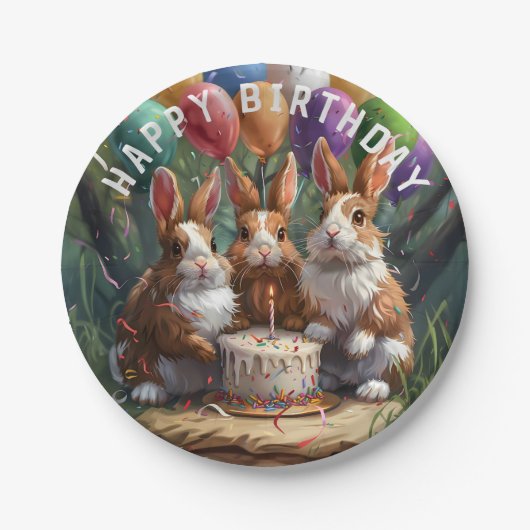 Assiettes En Carton Fête d'anniversaire des lapins de bois (Devant)
