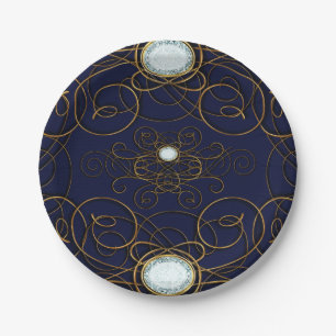 Assiettes En Carton Fête d'anniversaire diamant bleu saphir et or