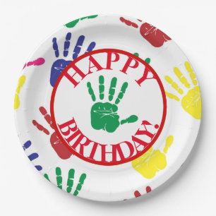 Assiettes En Carton Fête d'anniversaire d'impression coloré de main