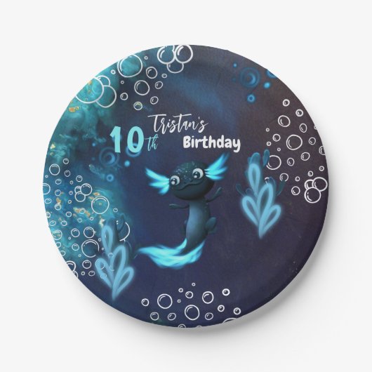 Assiettes En Carton Fête d'anniversaire du néon bleu foncé Axolotl (Devant)