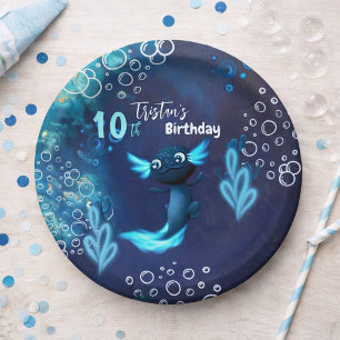 Assiettes En Carton Fête d'anniversaire du néon bleu foncé Axolotl