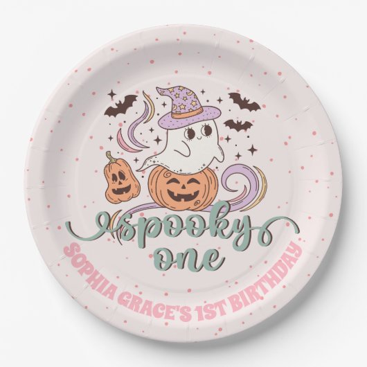 Assiettes En Carton Fête d'anniversaire éffrayant One Retro Ghost Hall (Devant)