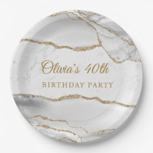 Fête d'anniversaire élégante agate blanc et or
