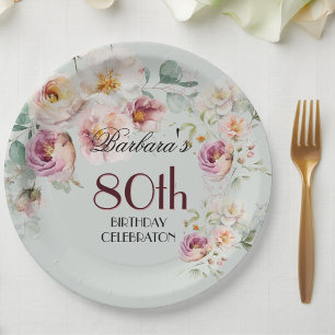 Assiettes En Carton Fête d'anniversaire élégante aquarelle florale 80 