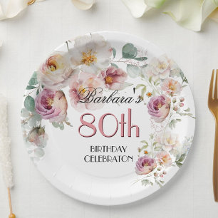 Assiettes En Carton *Fête d'anniversaire élégante aquarelle florale 80